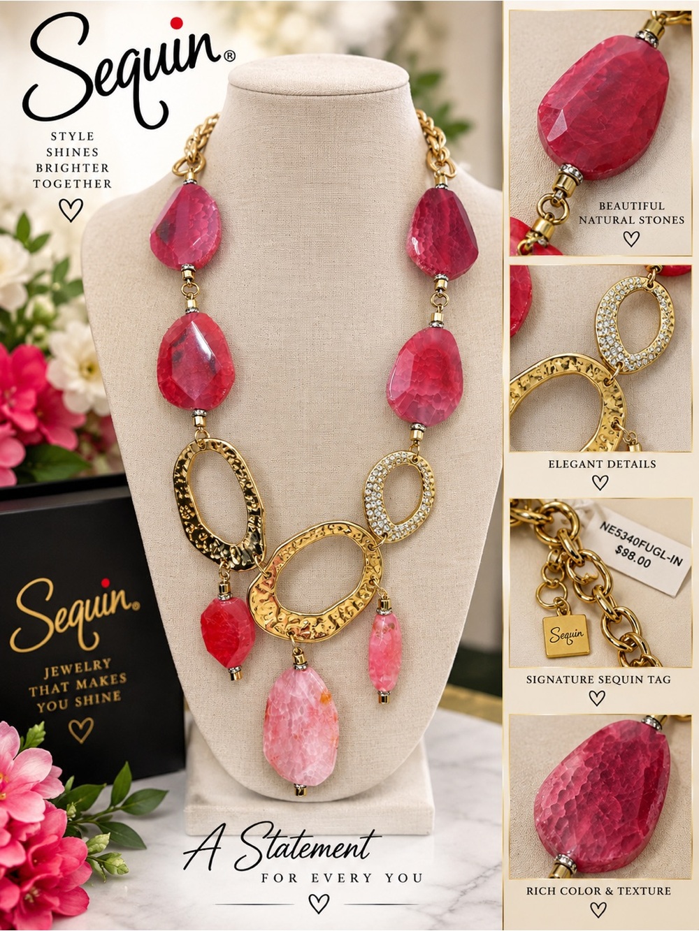 Pink Stone & Gold Statement Necklace